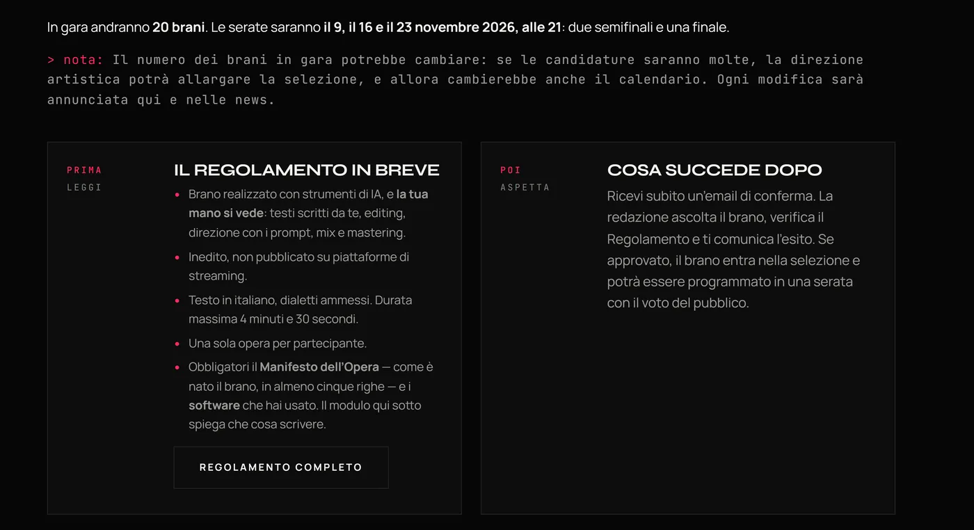 La parte alta della pagina Iscriviti: venti brani in gara nelle serate del 9, 16 e 23 novembre 2026, il Regolamento in breve e che cosa succede dopo l’invio