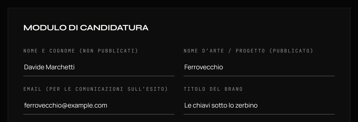 I primi quattro campi del modulo compilati: nome e cognome, nome d’arte, email e titolo del brano