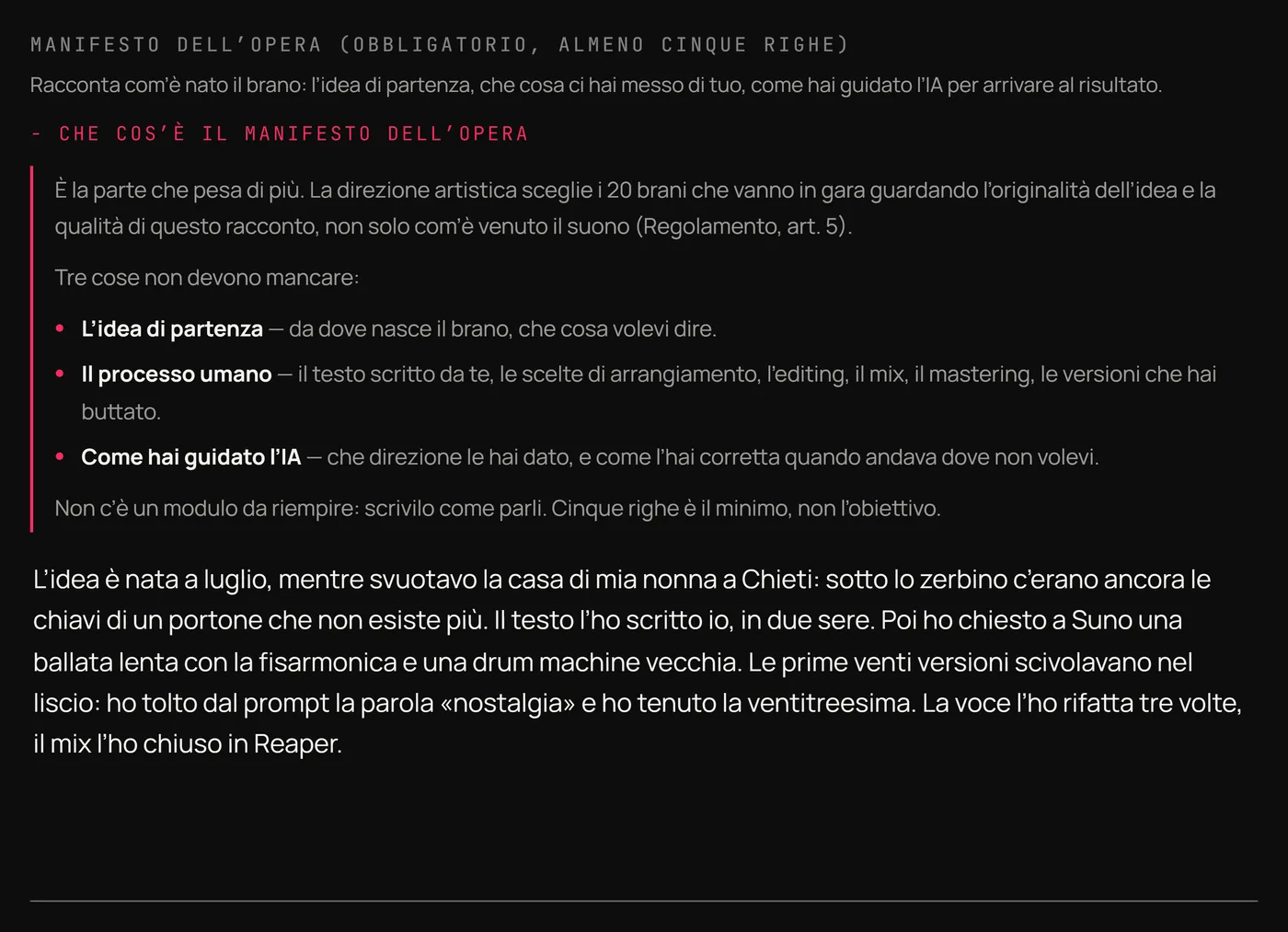 Il campo del Manifesto dell’Opera con il riquadro di aiuto aperto e un esempio di racconto compilato