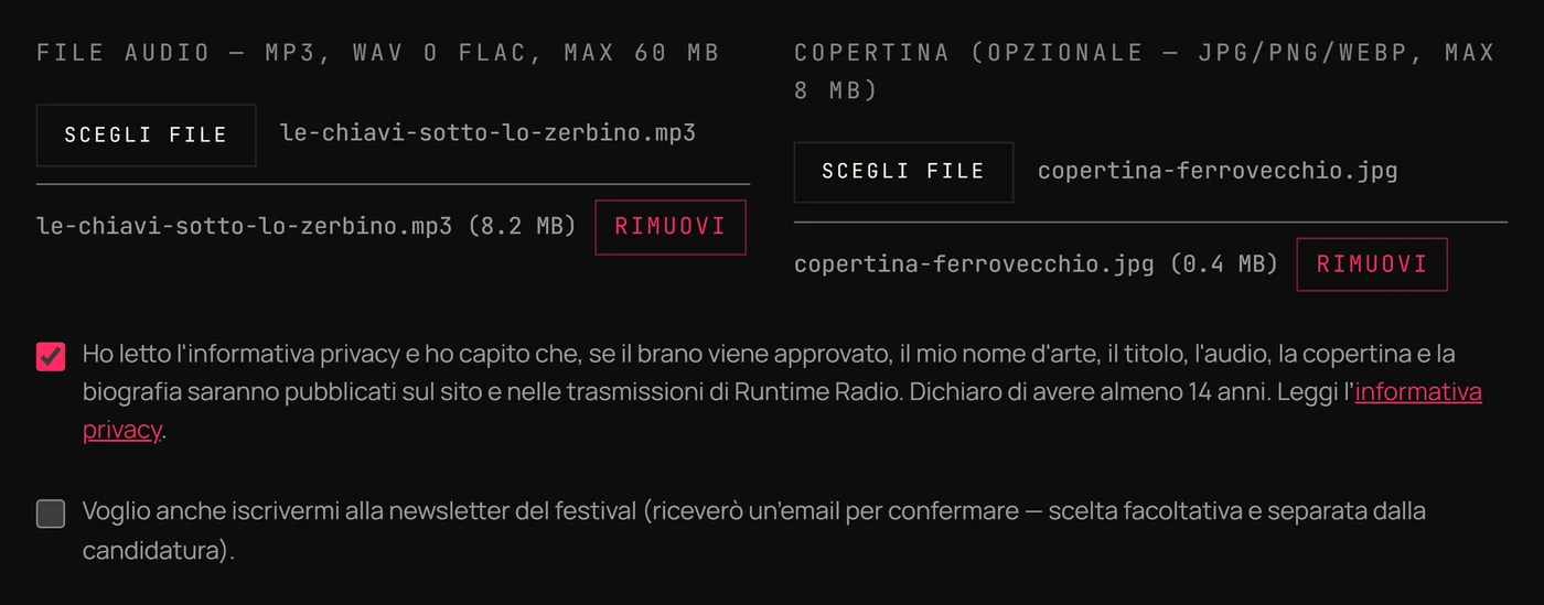 I campi del file audio e della copertina con i file scelti, la casella obbligatoria del consenso spuntata e quella facoltativa della newsletter
