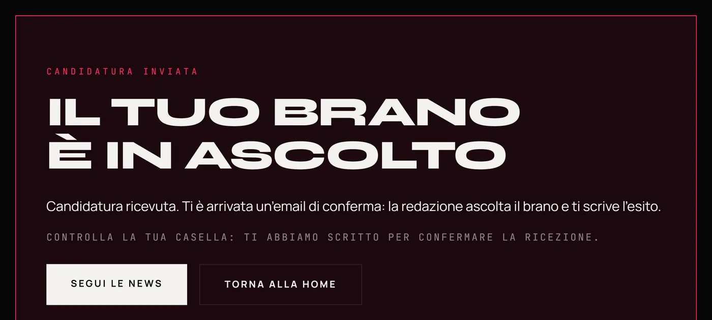 Il riquadro di conferma: candidatura inviata, il tuo brano è in ascolto