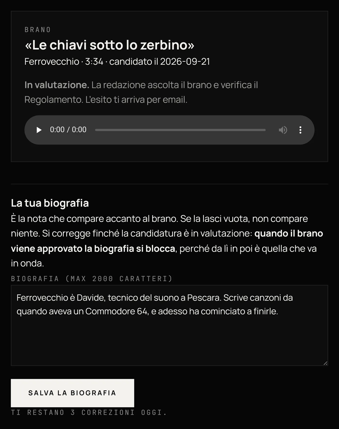 La pagina della candidatura: il brano in valutazione, il player per riascoltarlo e il campo per correggere la biografia