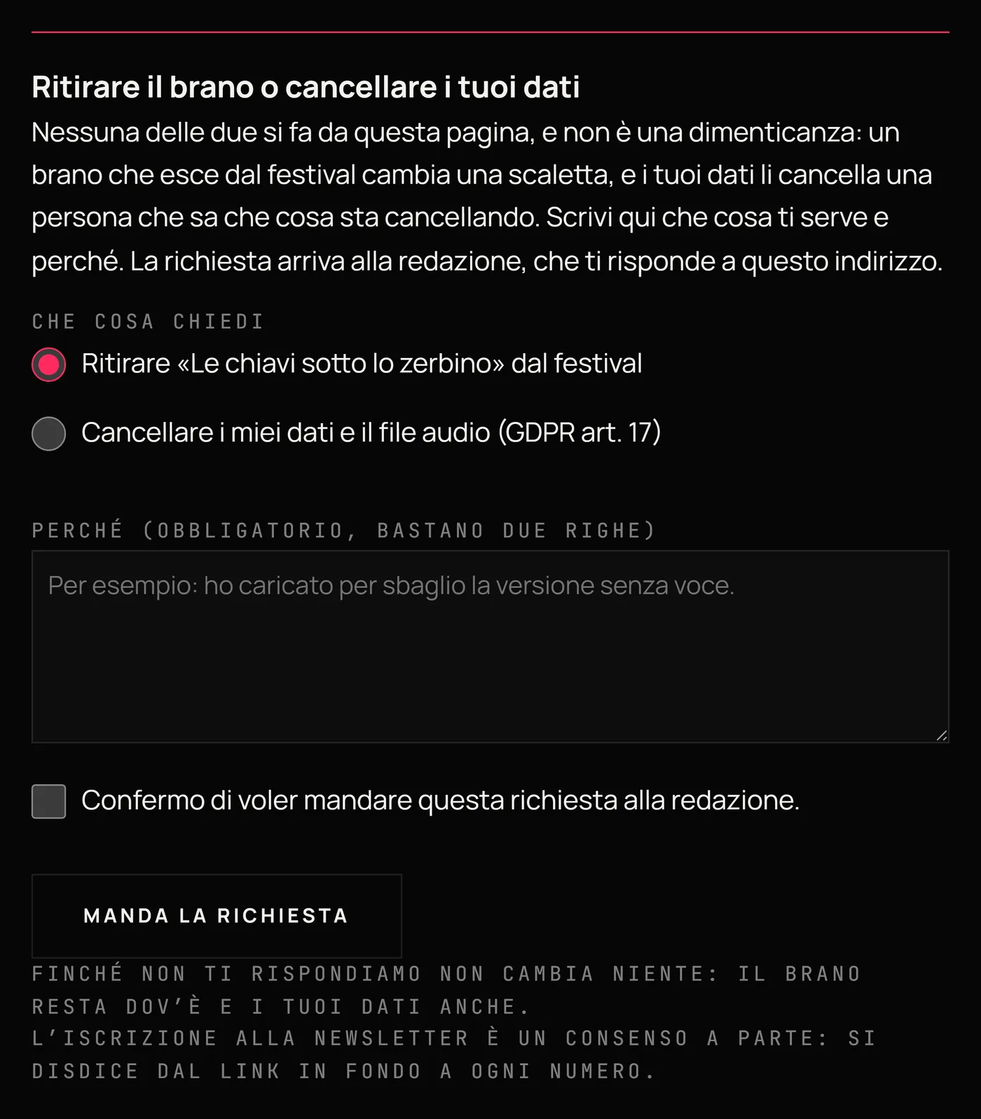 Il riquadro per chiedere il ritiro del brano o la cancellazione dei dati, con il motivo obbligatorio e la casella di conferma