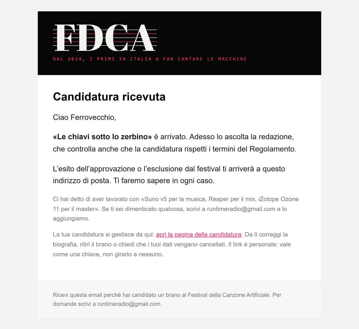 L’email Candidatura ricevuta, con gli strumenti dichiarati e il link alla pagina della candidatura