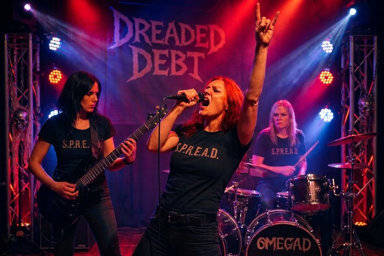 Il trio Dreaded Debt sul palco in formazione power metal tra riflettori rossi e lo stendardo del gruppo