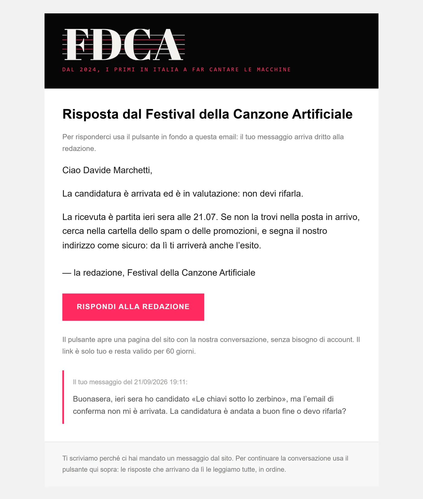 L’email di risposta della redazione: la riga in cima che invita a usare il pulsante, il testo, la firma, il pulsante rosso Rispondi alla redazione e la citazione del messaggio di partenza
