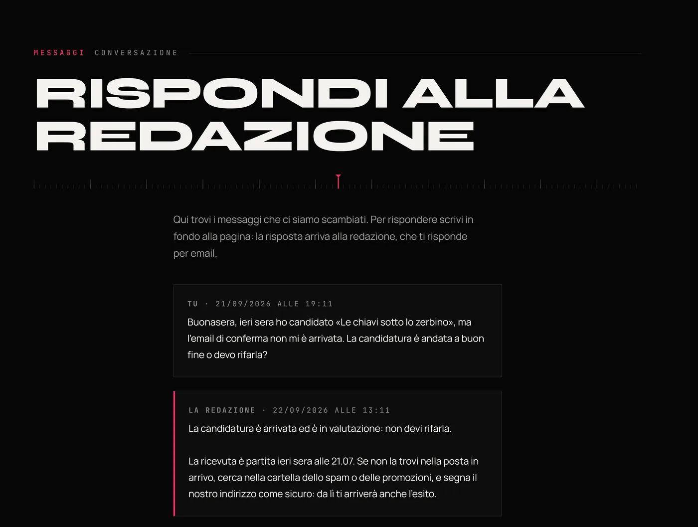 La pagina Rispondi alla redazione con la conversazione: il messaggio di Davide e, sotto, la risposta della redazione con la riga rossa sul bordo