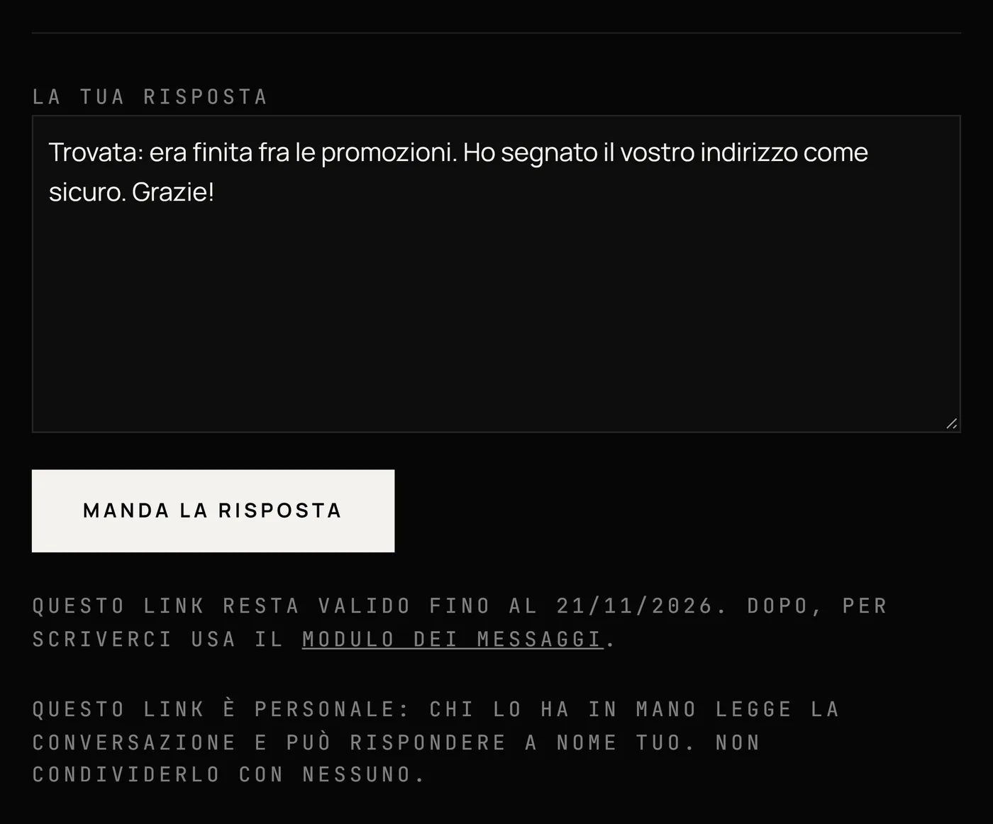 Il campo La tua risposta compilato, il pulsante Manda la risposta e le due note sulla scadenza del link e sulla sua riservatezza